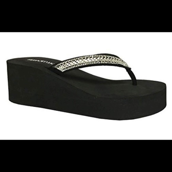 black wedge flip flops with rhinestones